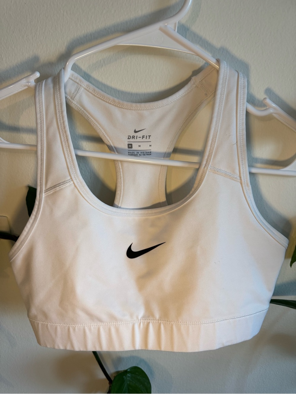 Nike White Dri-FIT Racerback Sports Bra with Black Swoosh